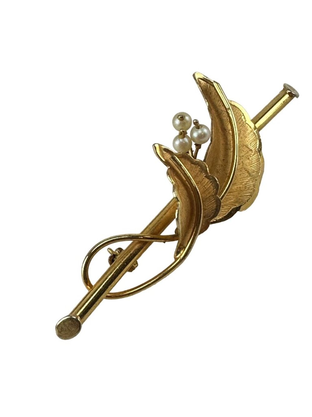 12k Gold Filled Bar Pin Brooch Vintage Leaf and Pearl Accents
